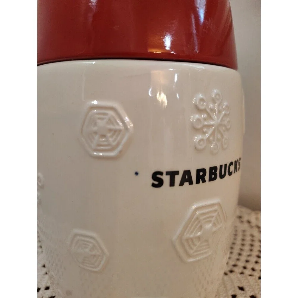 2011 Starbucks Red white Holiday Snowflake Ceramic Coffee Canister 7